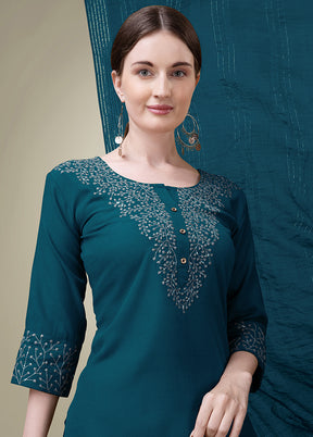 3 Pc Teal Readymade Cotton Suit Set