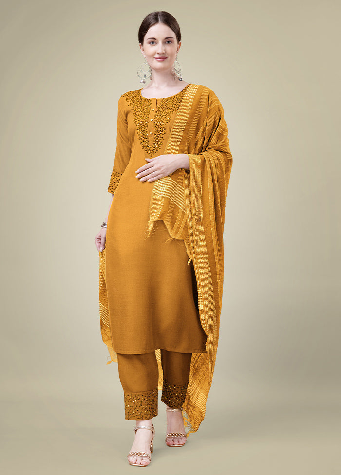 3 Pc Yellow Readymade Cotton Suit Set