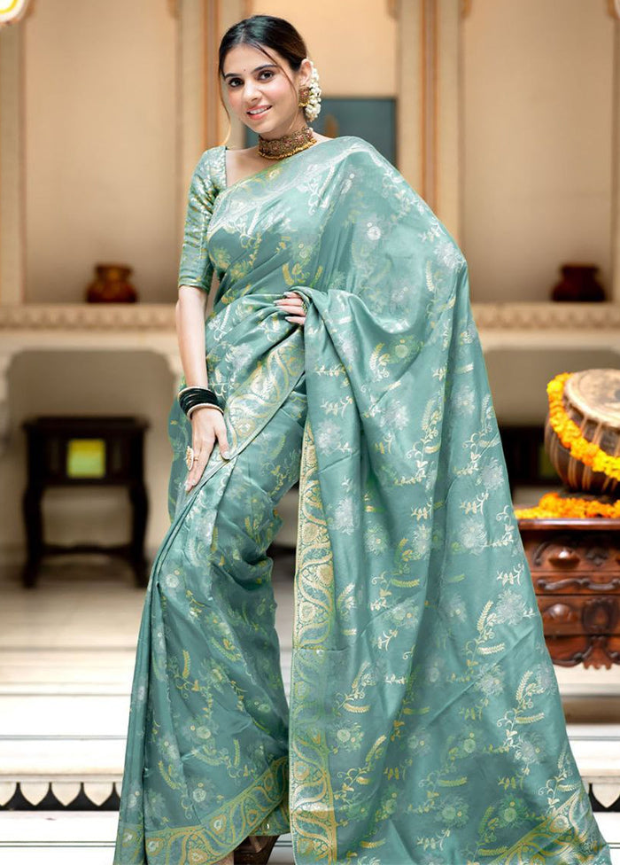 Blue Banarasi Silk Saree With Blouse Piece