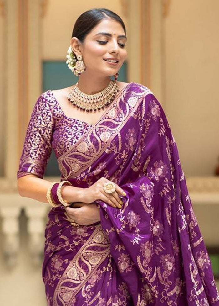 Purple Banarasi Silk Saree With Blouse Piece