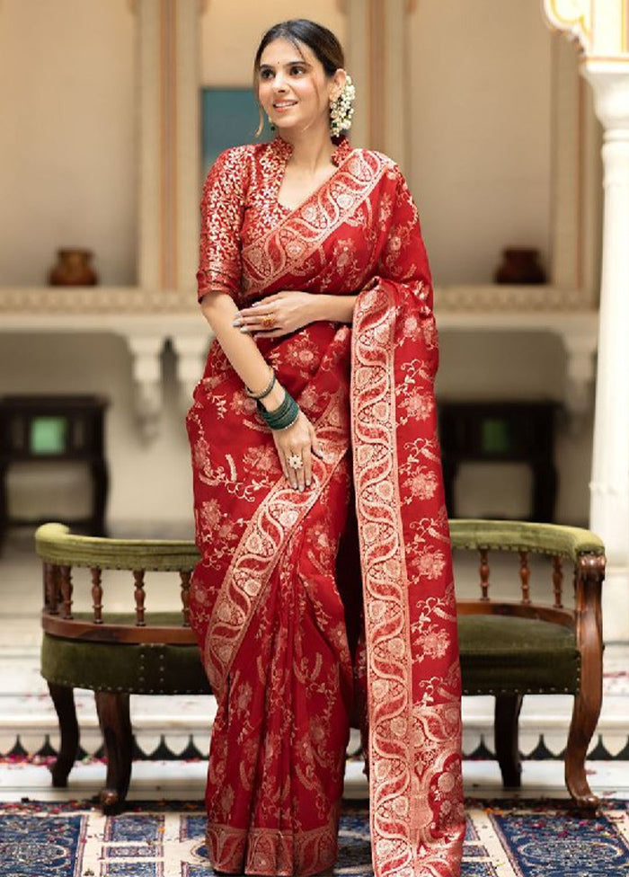 Red Banarasi Silk Saree With Blouse Piece