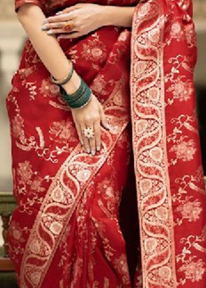 Red Banarasi Silk Saree With Blouse Piece