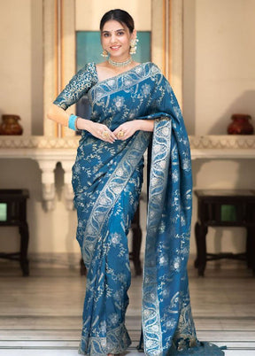 Teal Banarasi Silk Saree With Blouse Piece