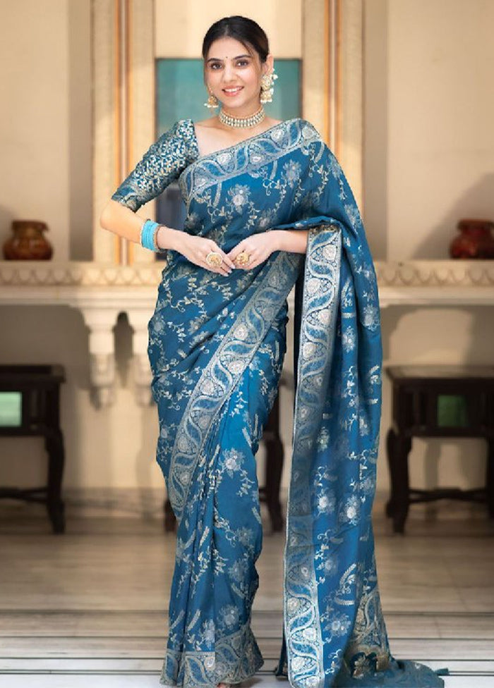 Teal Banarasi Silk Saree With Blouse Piece