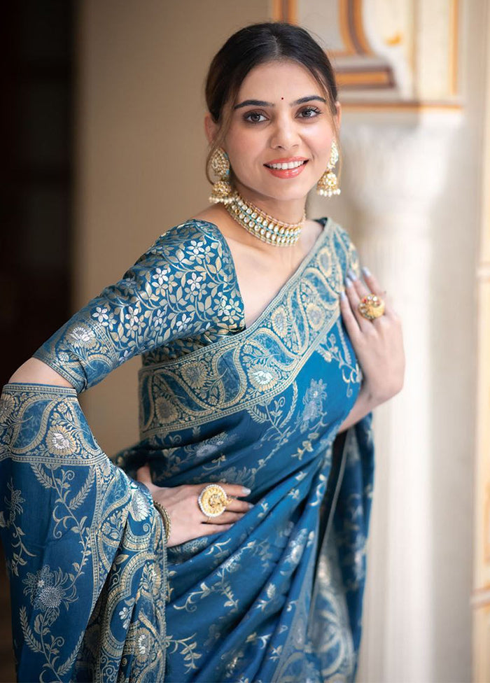 Teal Banarasi Silk Saree With Blouse Piece