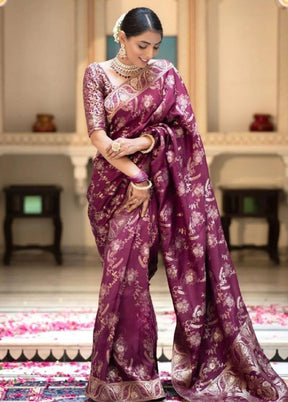 Wine Banarasi Silk Saree With Blouse Piece