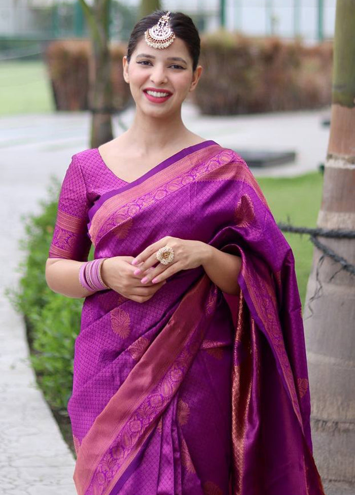 Purple Banarasi Silk Saree With Blouse Piece