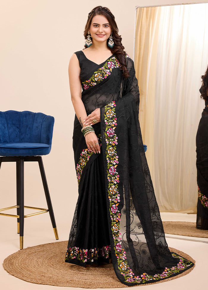 Black Dupion Silk Saree With Blouse Piece