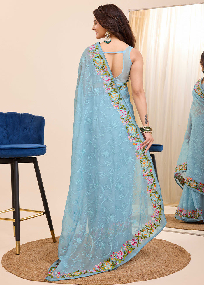 Sky Blue Dupion Silk Saree With Blouse Piece