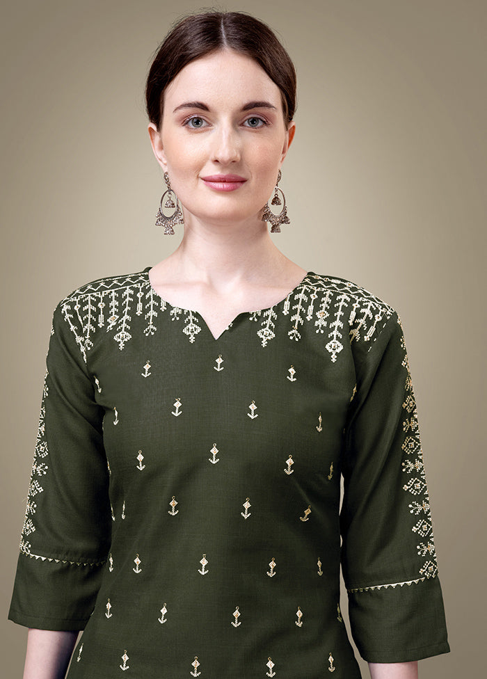 2 Pc Dark Green Readymade Cotton Kurti Set