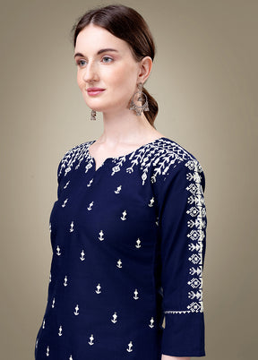 2 Pc Navy Blue Readymade Cotton Kurti Set