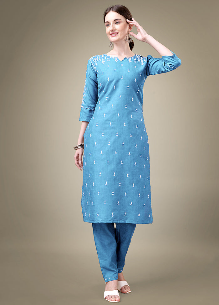 2 Pc Sky Blue Readymade Cotton Kurti Set