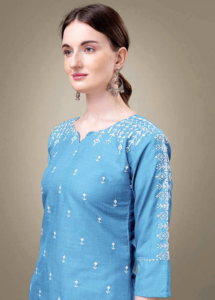 2 Pc Sky Blue Readymade Cotton Kurti Set