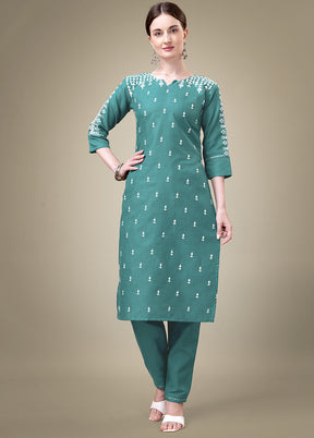 2 Pc Teal Readymade Cotton Kurti Set