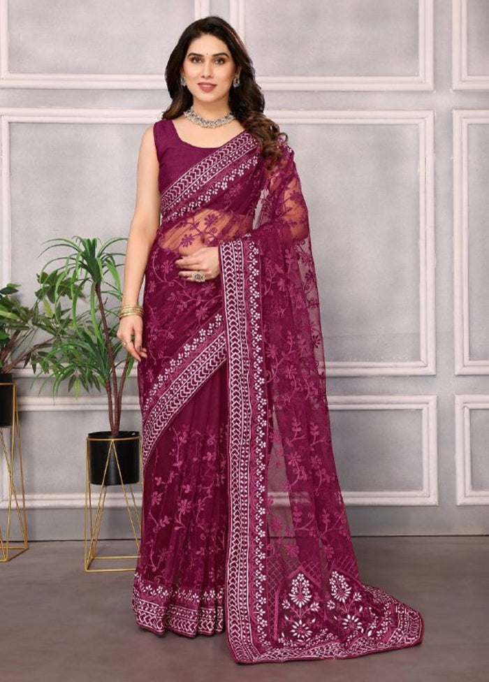 Burgundy Net Saree With Blouse Piece