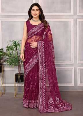 Burgundy Net Saree With Blouse Piece