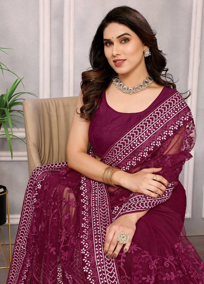 Burgundy Net Saree With Blouse Piece