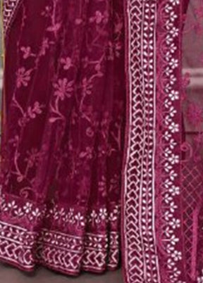 Burgundy Net Saree With Blouse Piece