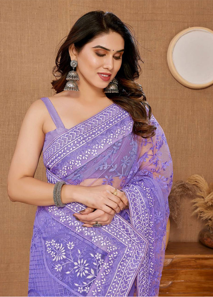 Lavender Net Saree With Blouse Piece