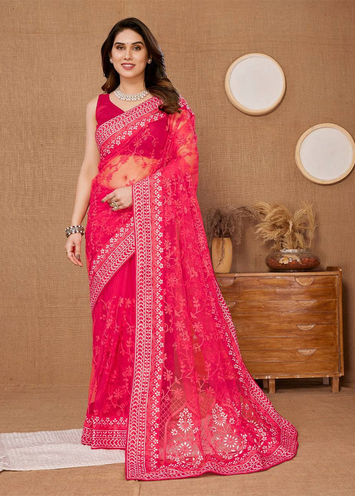 Dark Pink Net Net Saree With Blouse Piece