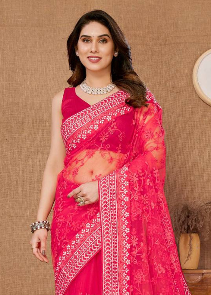 Dark Pink Net Net Saree With Blouse Piece