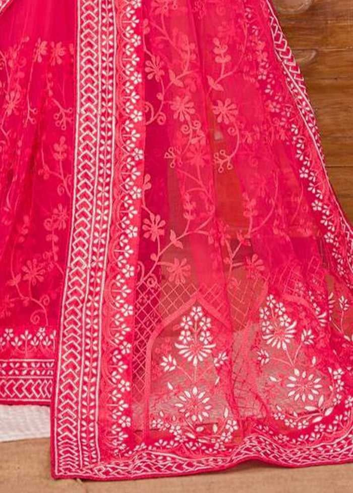 Dark Pink Net Saree With Blouse Piece