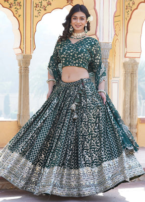 3 Pc Green Pure Viscose Semi Stitched Lehenga Set