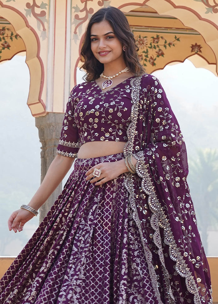 3 Pc Wine Pure Viscose Semi Stitched Lehenga Set