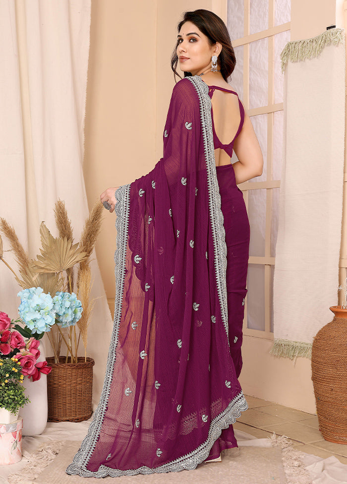 Wine Chiffon Silk Saree With Blouse Piece