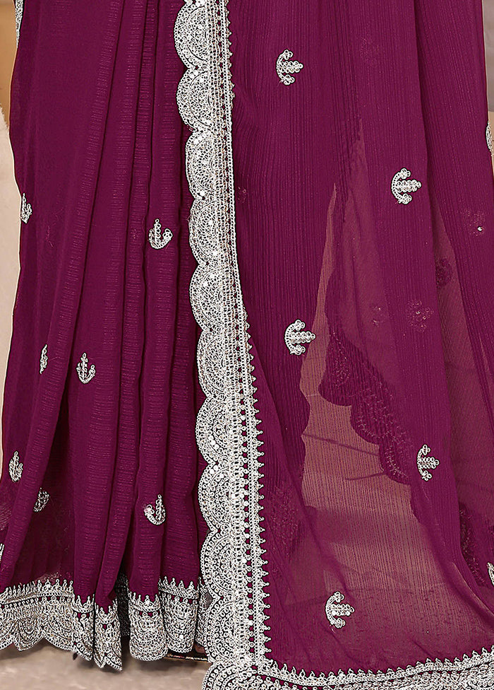 Wine Chiffon Silk Saree With Blouse Piece