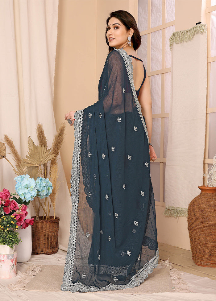 Navy Blue Chiffon Silk Saree With Blouse Piece