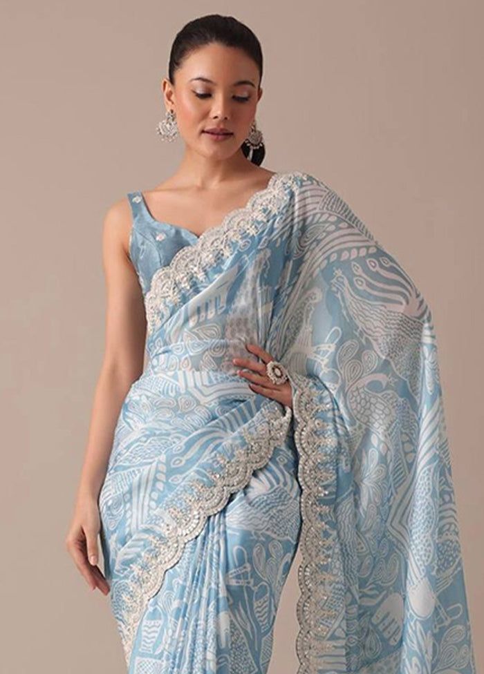 Sky Blue Georgette Saree With Blouse Piece