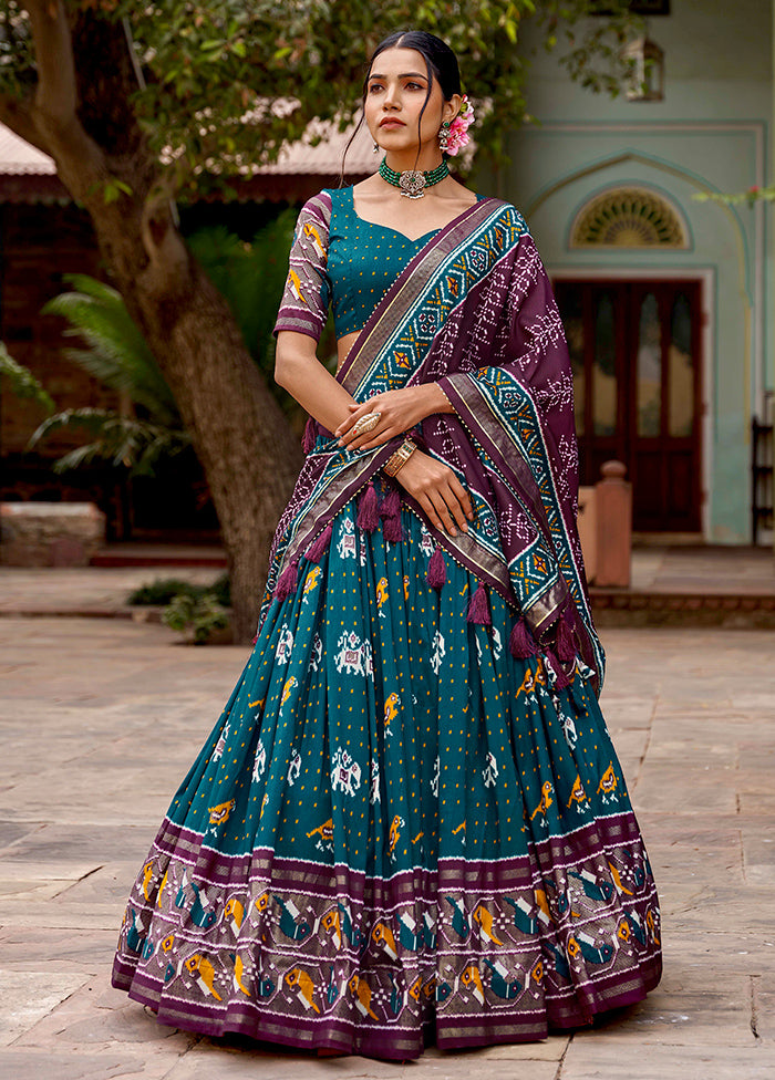 3 Pc Teal Silk Semi Stitched Lehenga Set