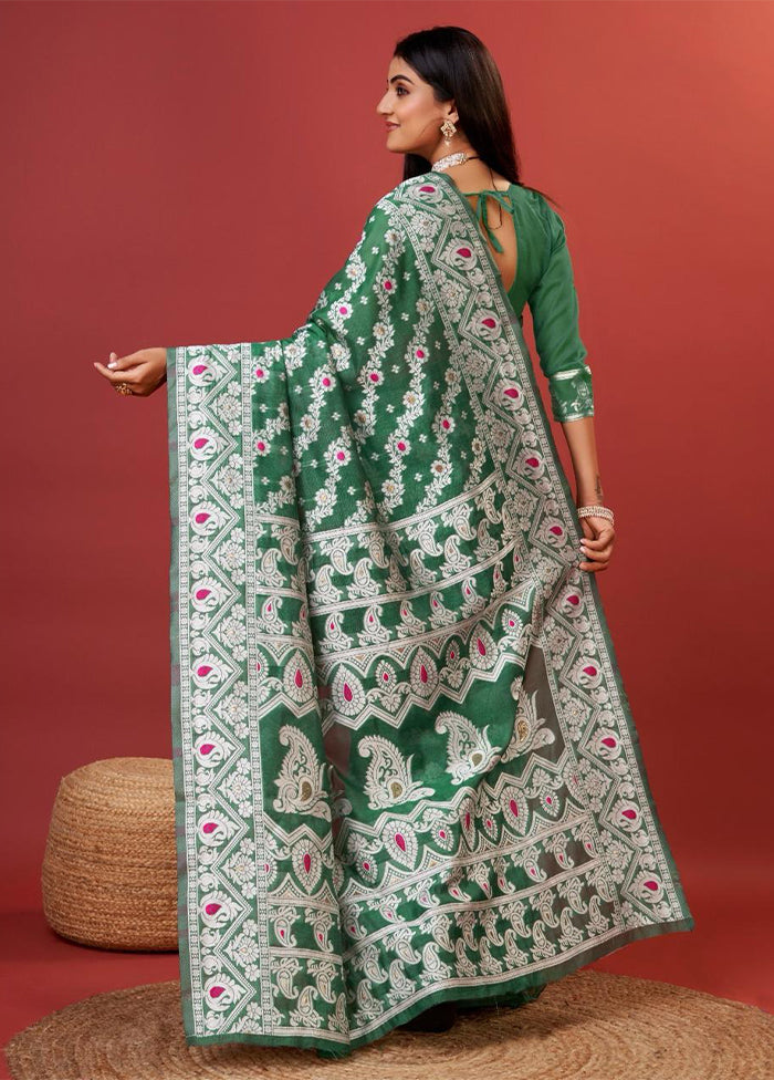 Dark Green Cotton Saree With Blouse Piece