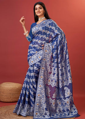 Navy Blue Cotton Saree With Blouse Piece