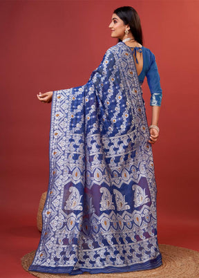 Navy Blue Cotton Saree With Blouse Piece