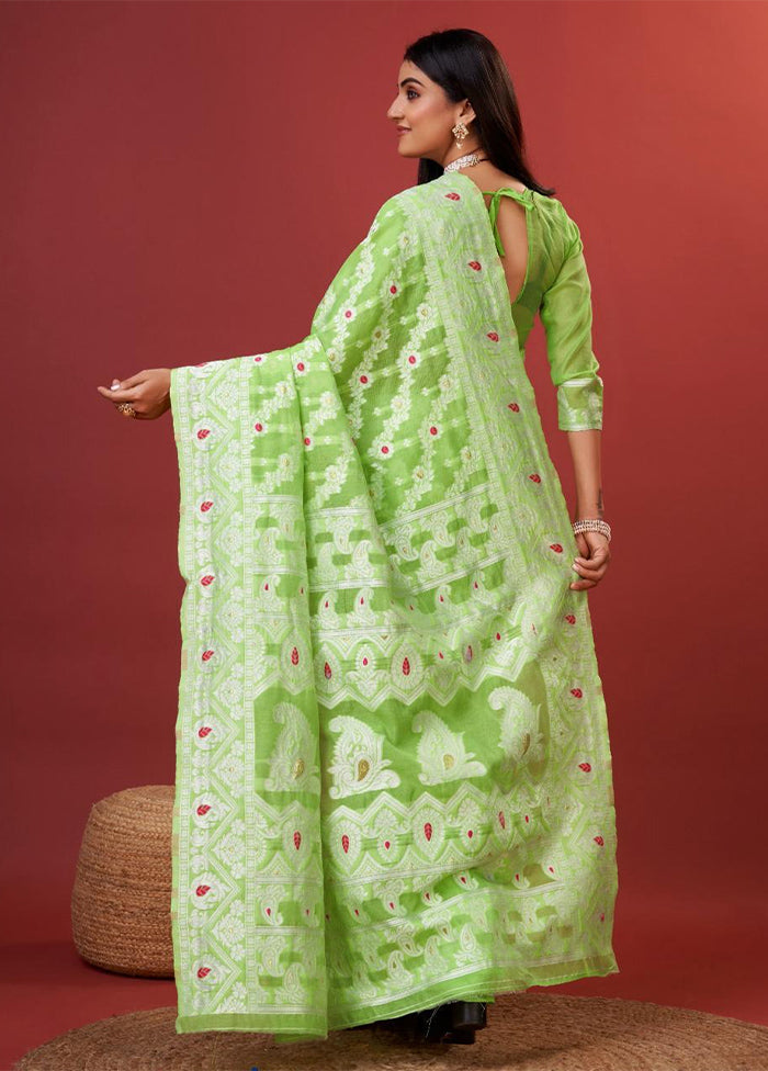 Parrot Green Cotton Saree With Blouse Piece