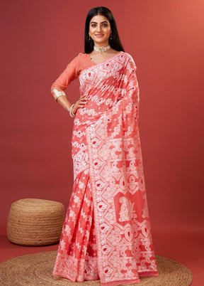 Peach Cotton Saree With Blouse Piece