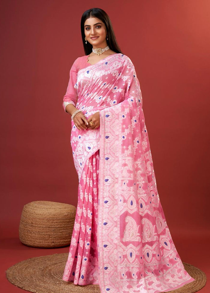 Pink Cotton Saree With Blouse Piece