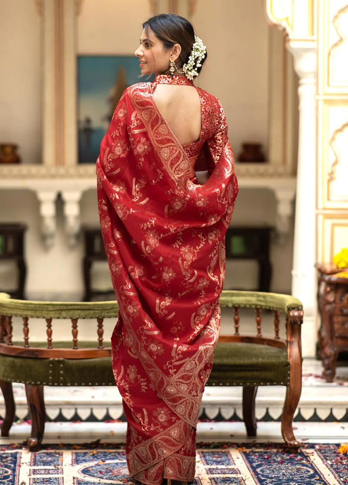 Red Banarasi Silk Saree With Blouse Piece