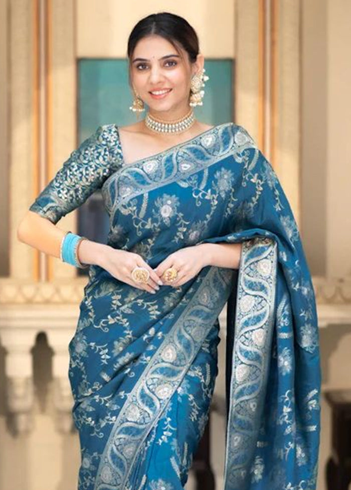 Teal Blue Banarasi Silk Saree With Blouse Piece