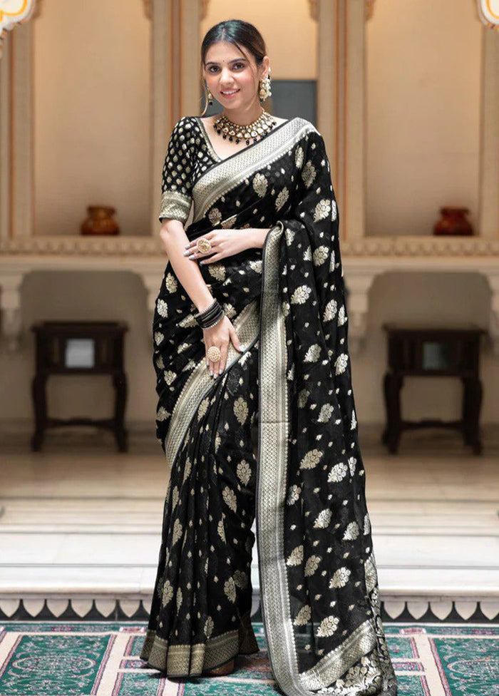 Black Banarasi Silk Saree With Blouse Piece