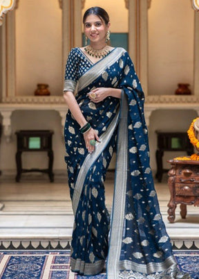 Navy Blue Banarasi Silk Saree With Blouse Piece