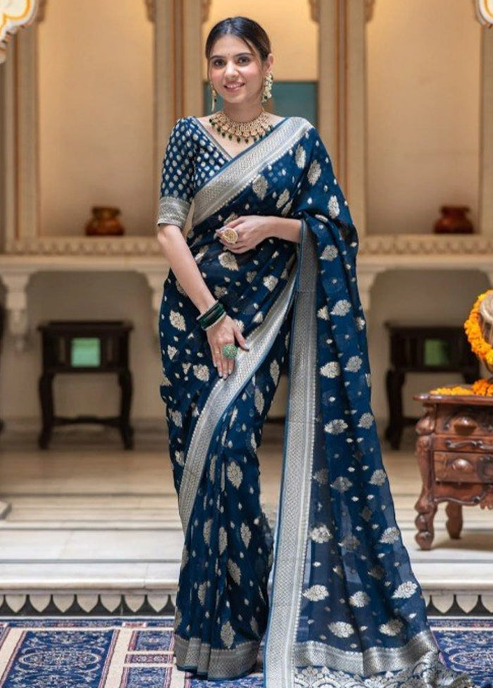 Navy Blue Banarasi Silk Saree With Blouse Piece