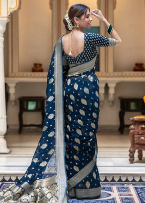 Navy Blue Banarasi Silk Saree With Blouse Piece