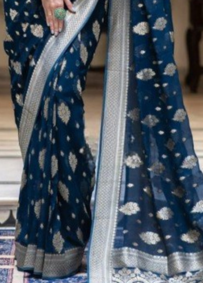 Navy Blue Banarasi Silk Saree With Blouse Piece