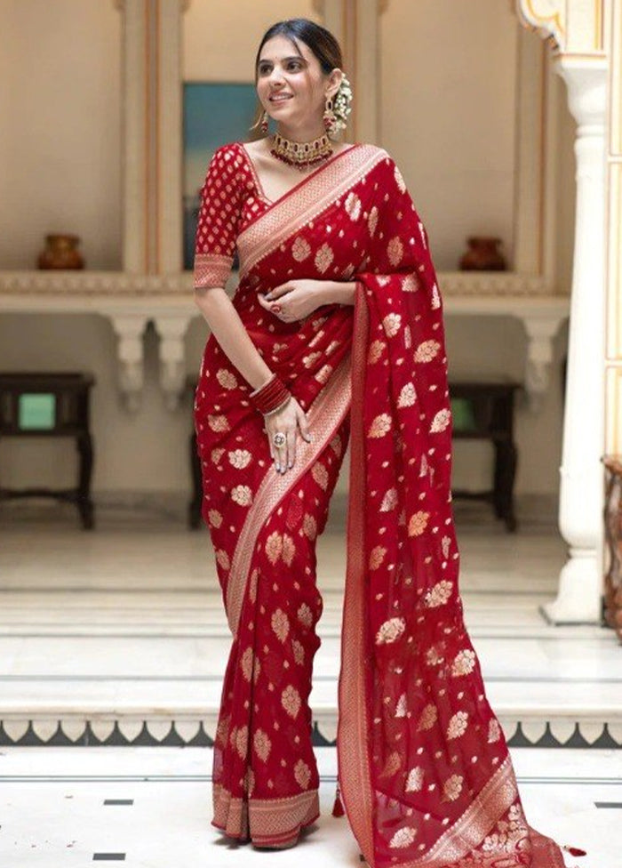 Red Banarasi Silk Saree With Blouse Piece