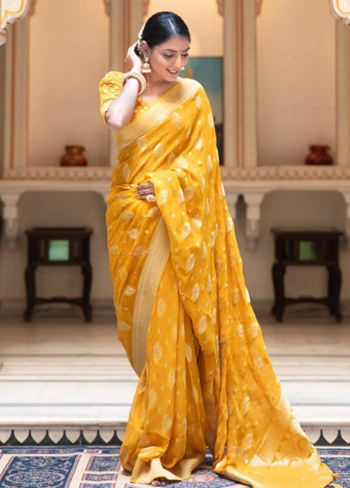 Yellow Banarasi Silk Saree With Blouse Piece