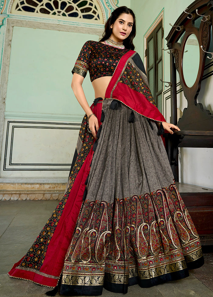 3 Pc Grey Silk Semi Stitched Lehenga Set