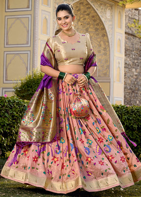 3 Pc Peach Silk Semi Stitched Lehenga Set